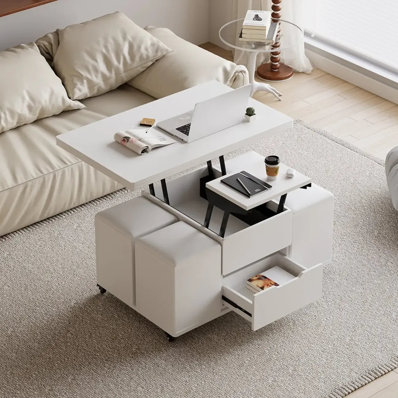 Table basse pliable à plateau relevable avec 4 tabourets et rangement