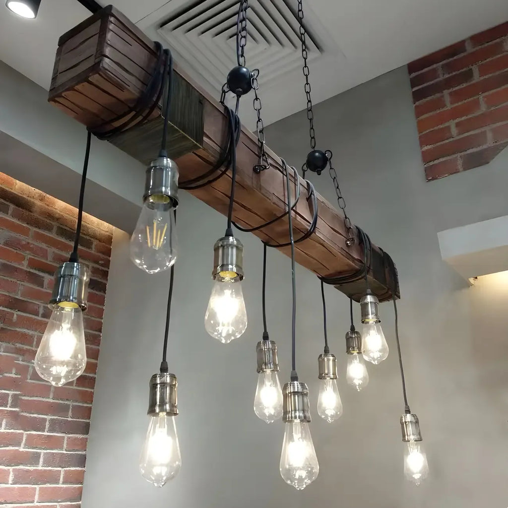 Lampada a sospensione da isola grande in legno marrone industriale