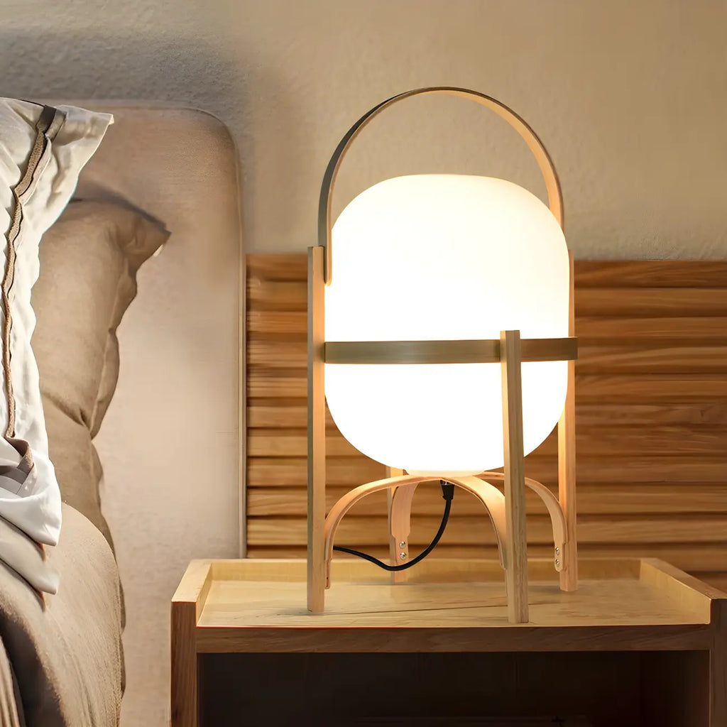 Lampe de table LED géométrique à brancher avec cadre en bois pour chambre