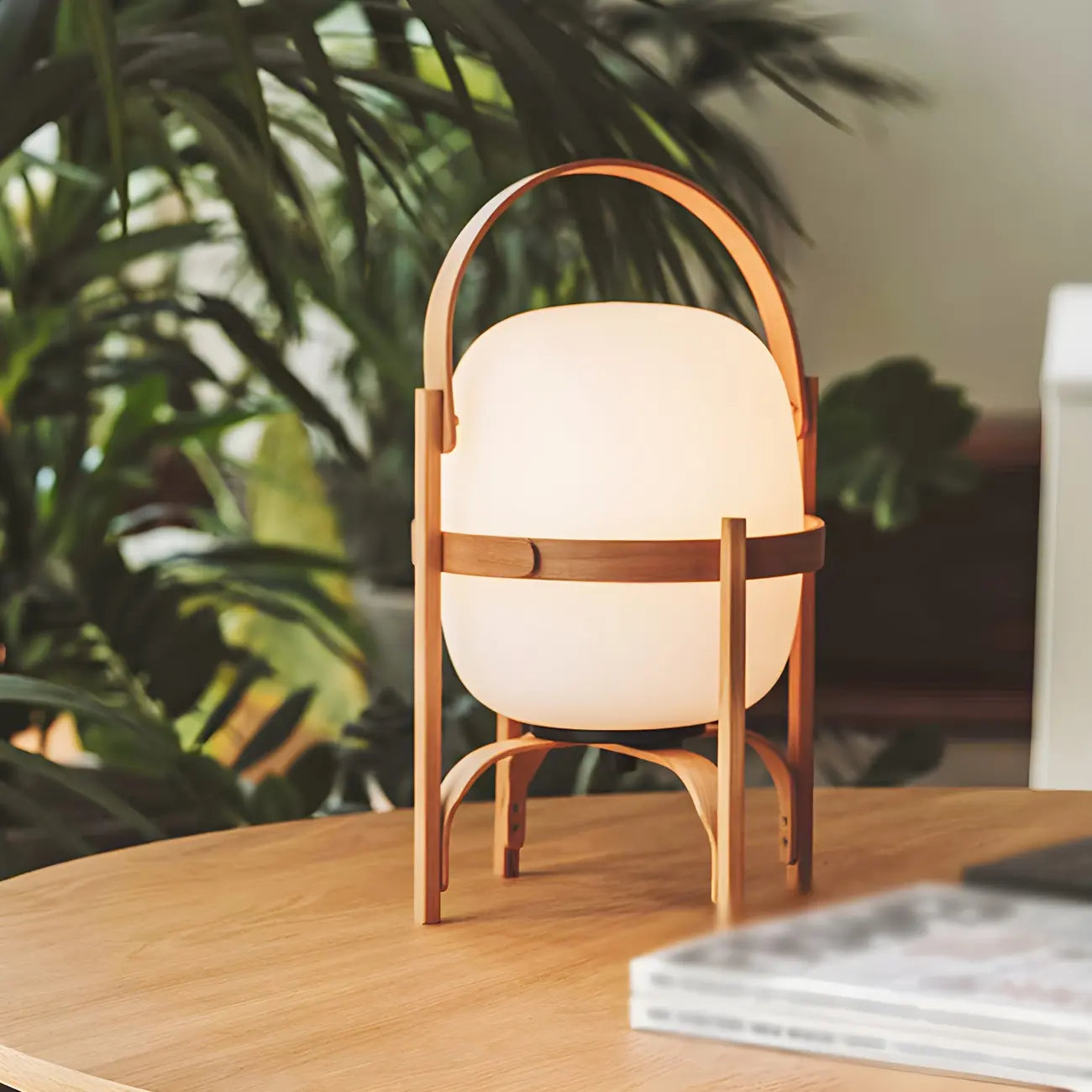 Lampe de table LED géométrique à brancher avec cadre en bois pour chambre