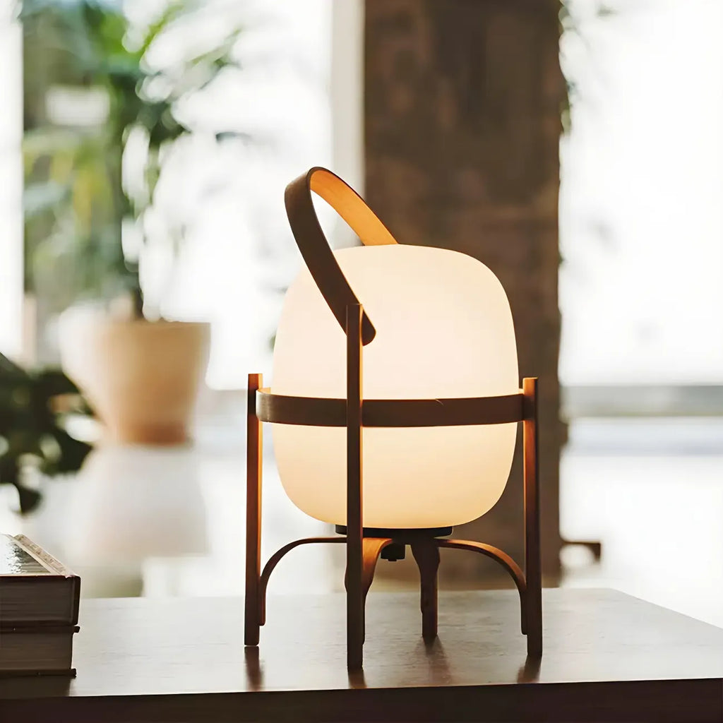 Lampe de table LED géométrique à brancher avec cadre en bois pour chambre
