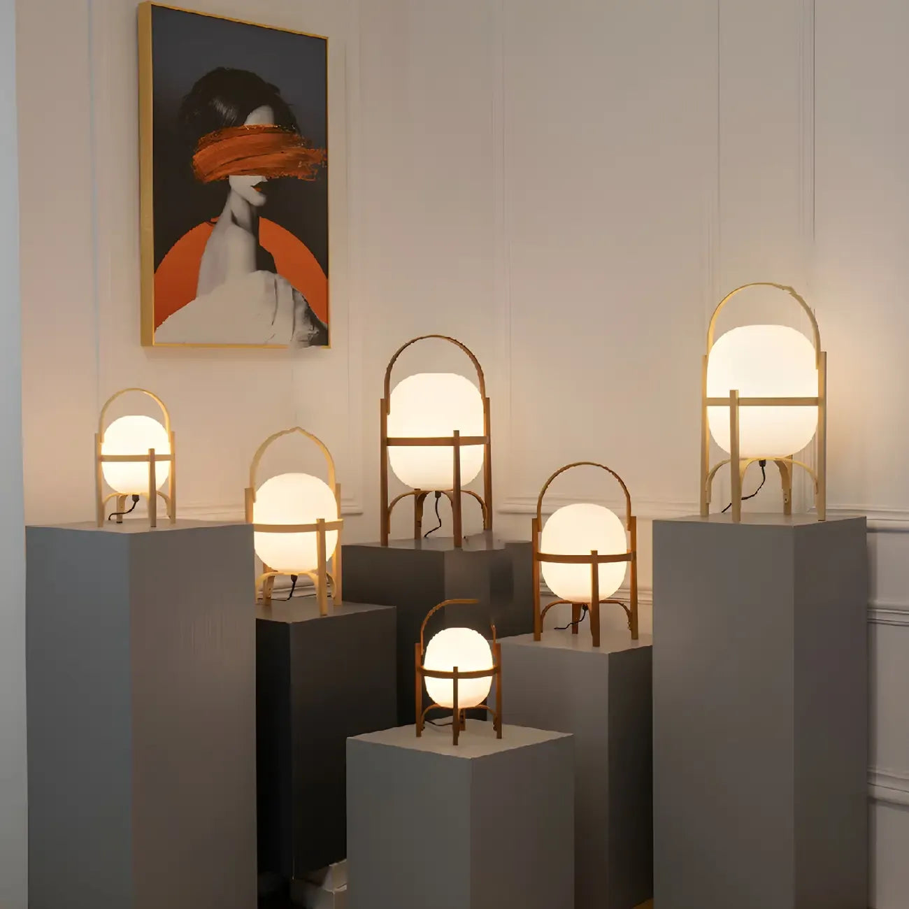 Lampe de table LED géométrique à brancher avec cadre en bois pour chambre