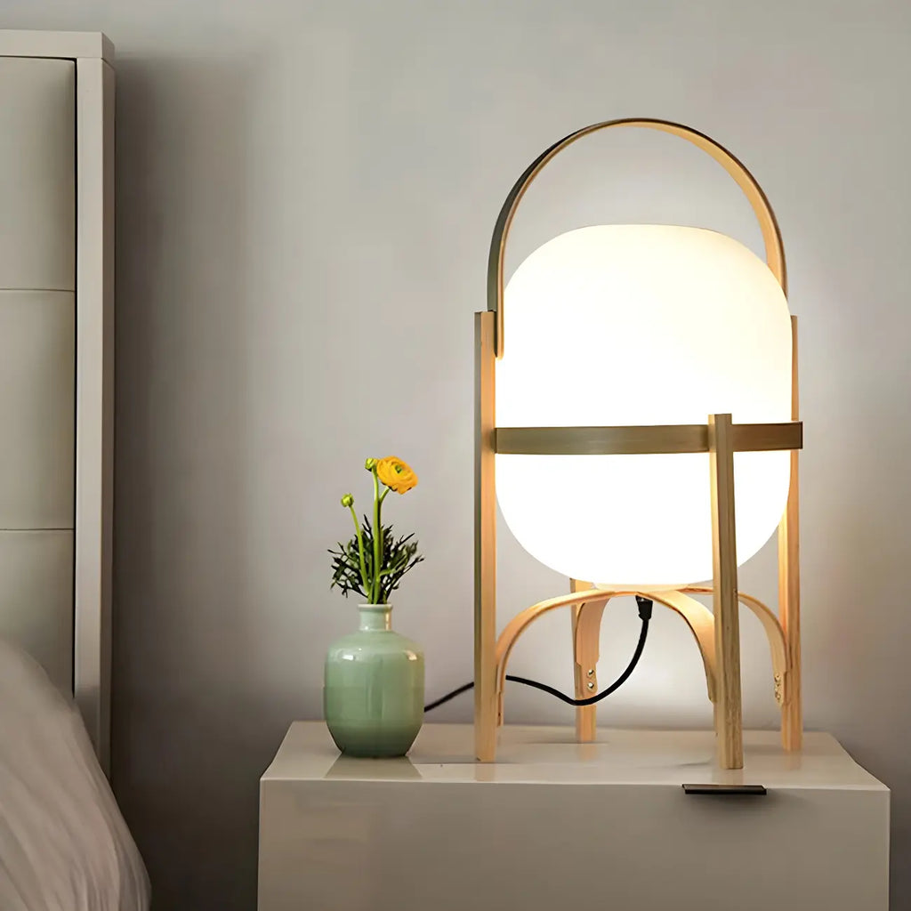 Lampe de table LED géométrique à brancher avec cadre en bois pour chambre