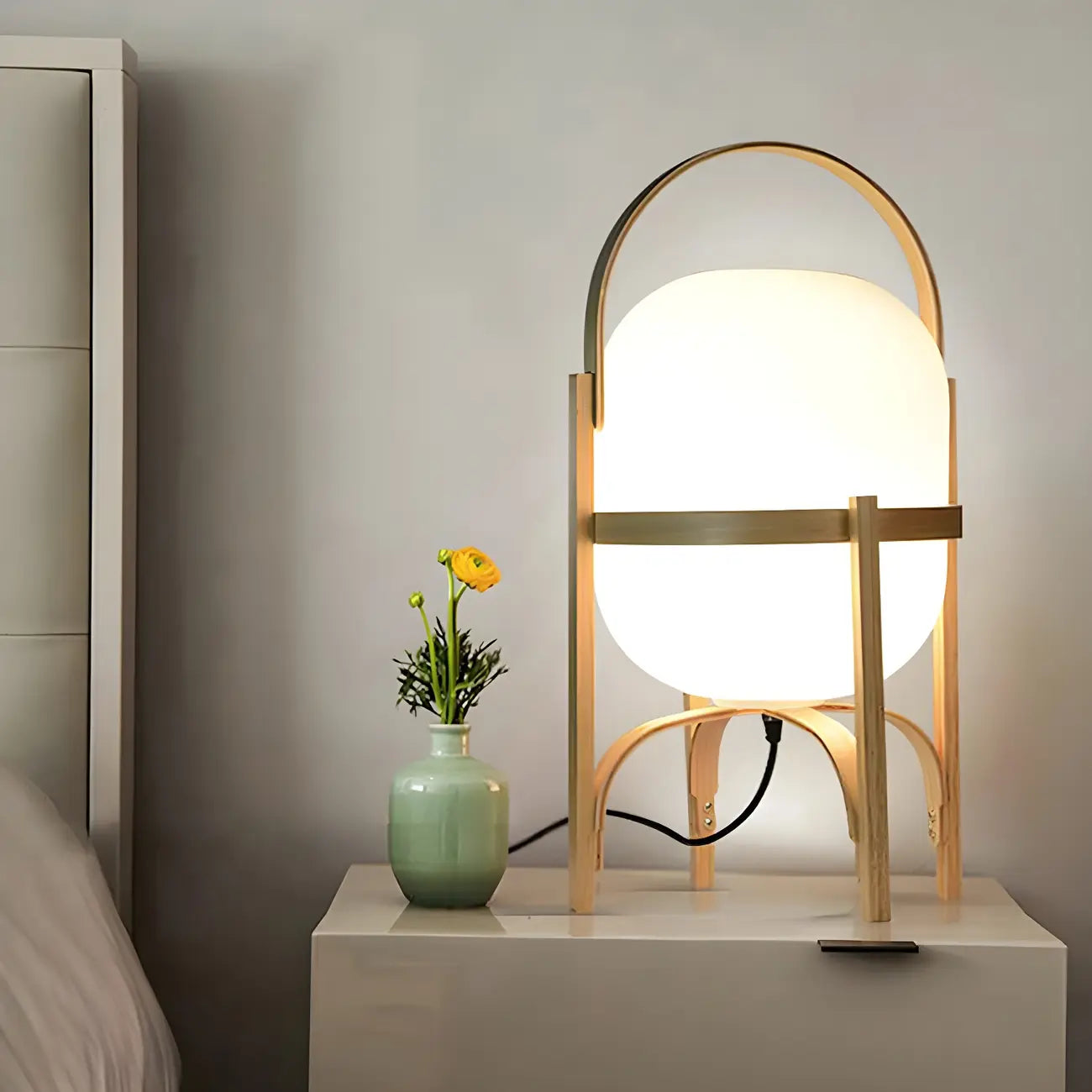Lampe de table LED géométrique à brancher avec cadre en bois pour chambre