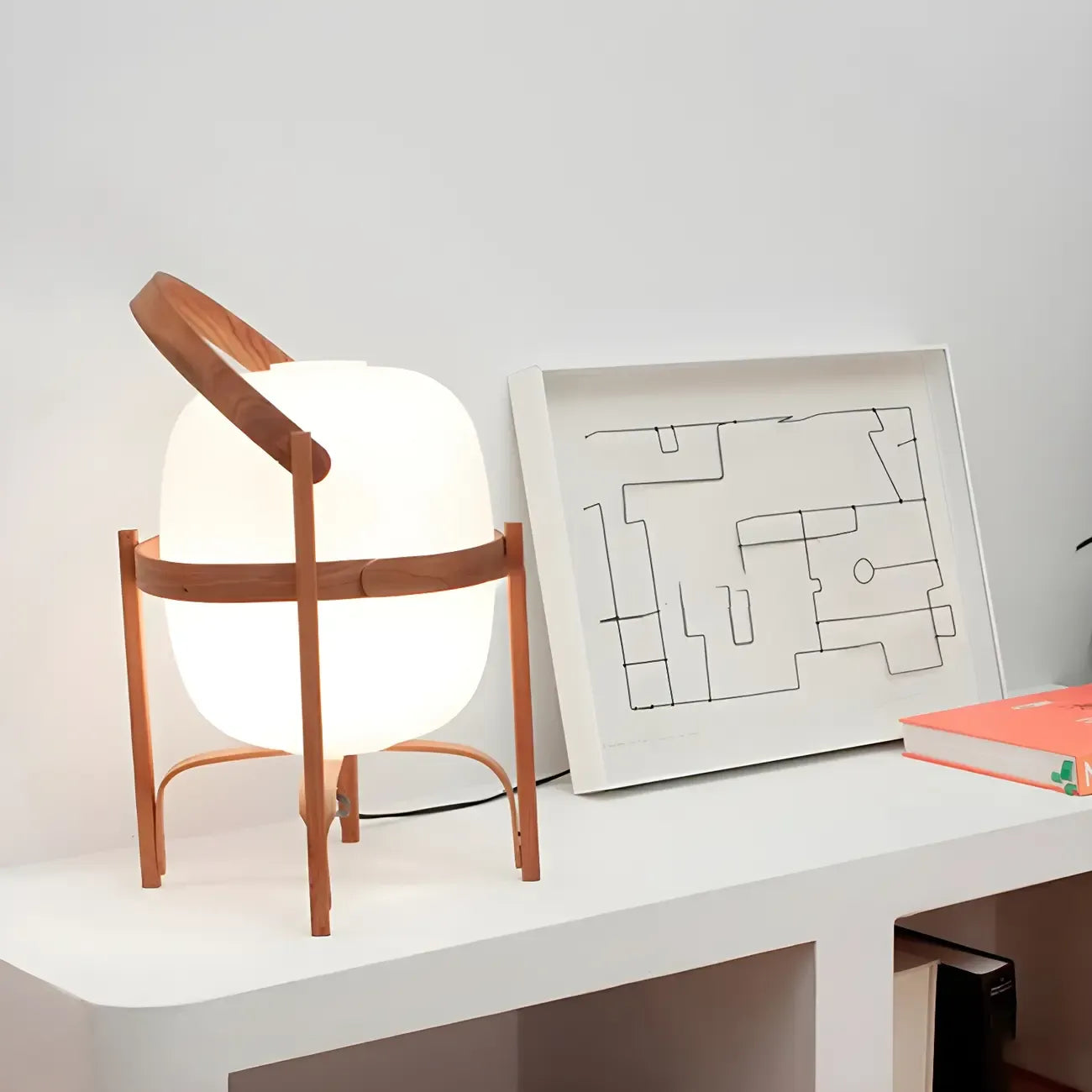 Lampe de table LED géométrique à brancher avec cadre en bois pour chambre