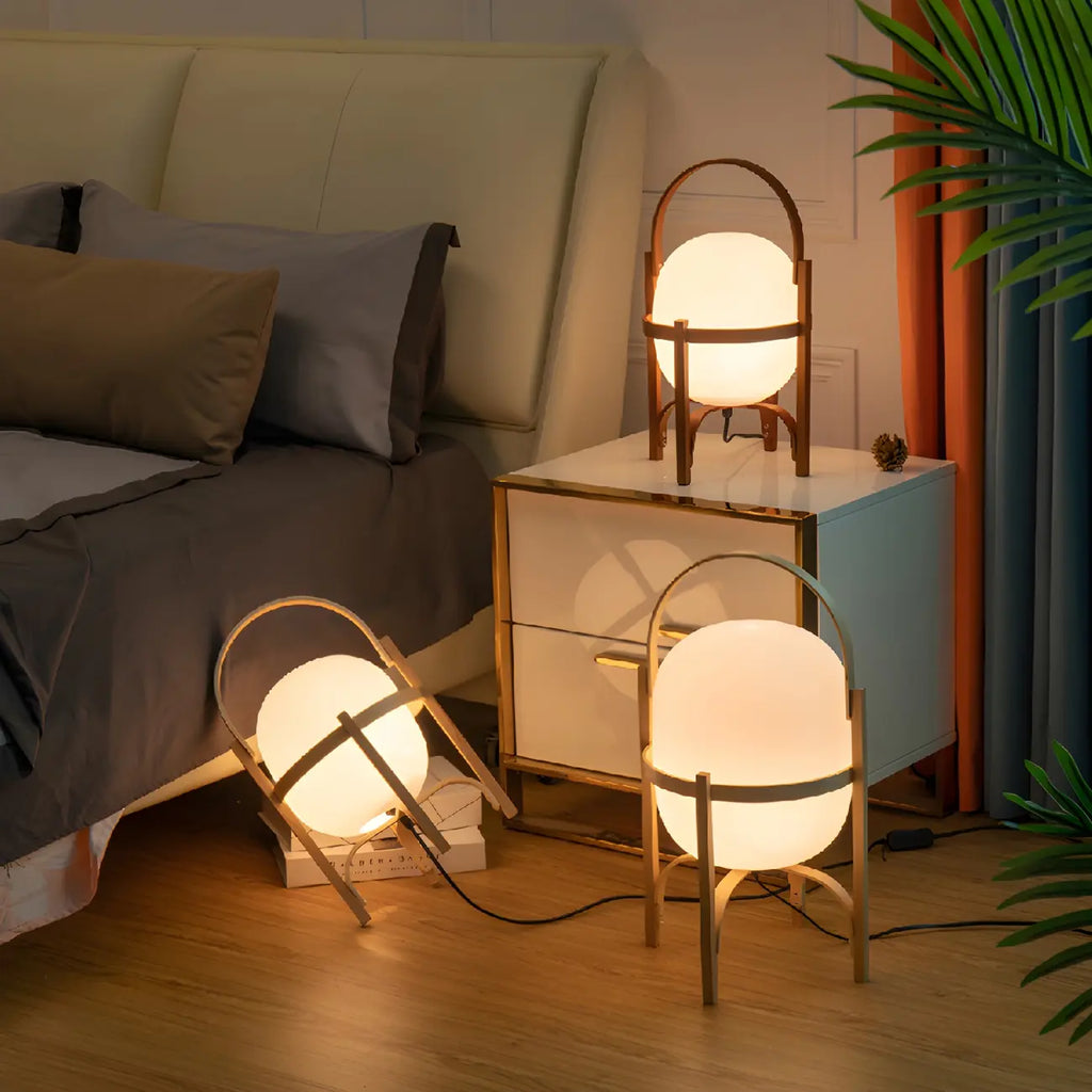Lampe de table LED géométrique à brancher avec cadre en bois pour chambre