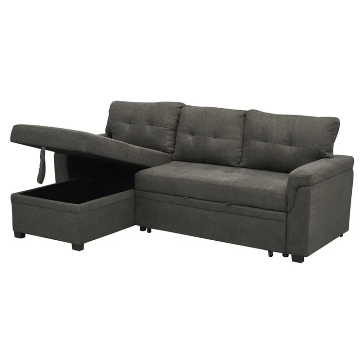 Canapé d'angle convertible et réversible avec lit gigogne, méridienne de rangement dissimulée et pieds robustes.