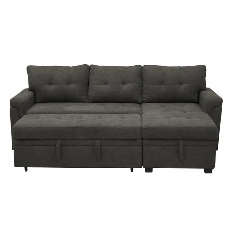 Canapé d'angle convertible et réversible avec lit gigogne, méridienne de rangement dissimulée et pieds robustes.