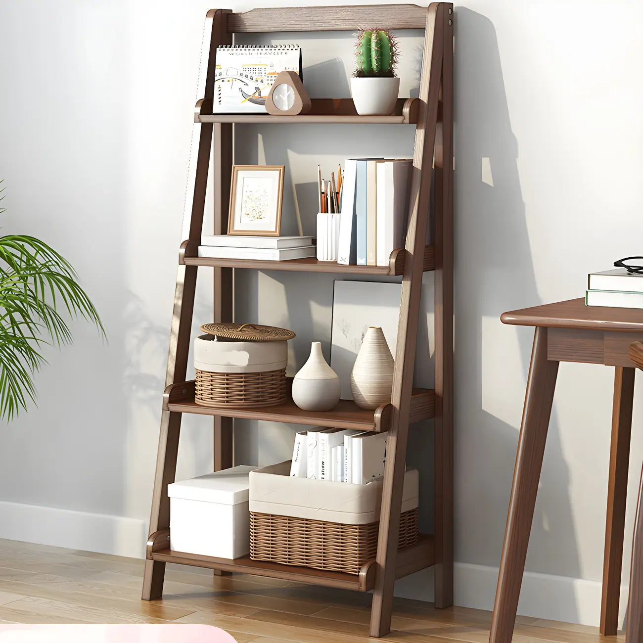 Bibliothèque minimaliste en bois avec échelle et rangement, couleur noyer