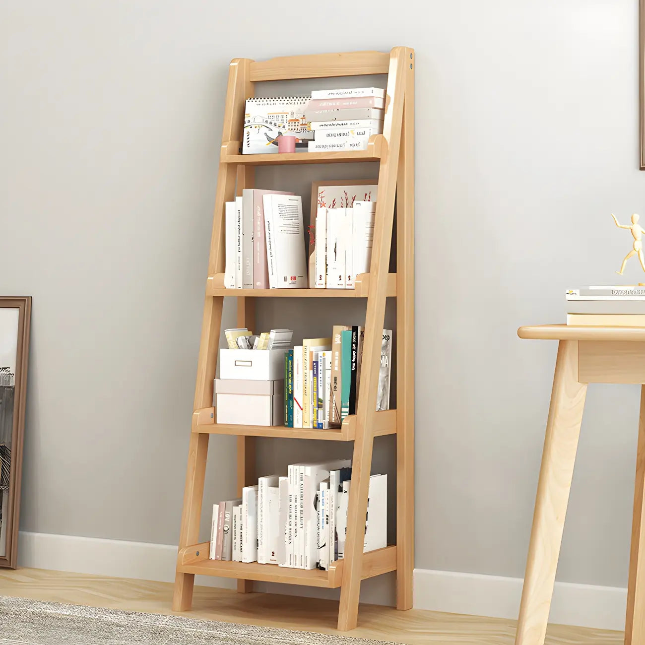 Bibliothèque minimaliste en bois avec échelle et rangement, couleur noyer