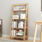 Bibliothèque minimaliste en bois avec échelle et rangement, couleur noyer