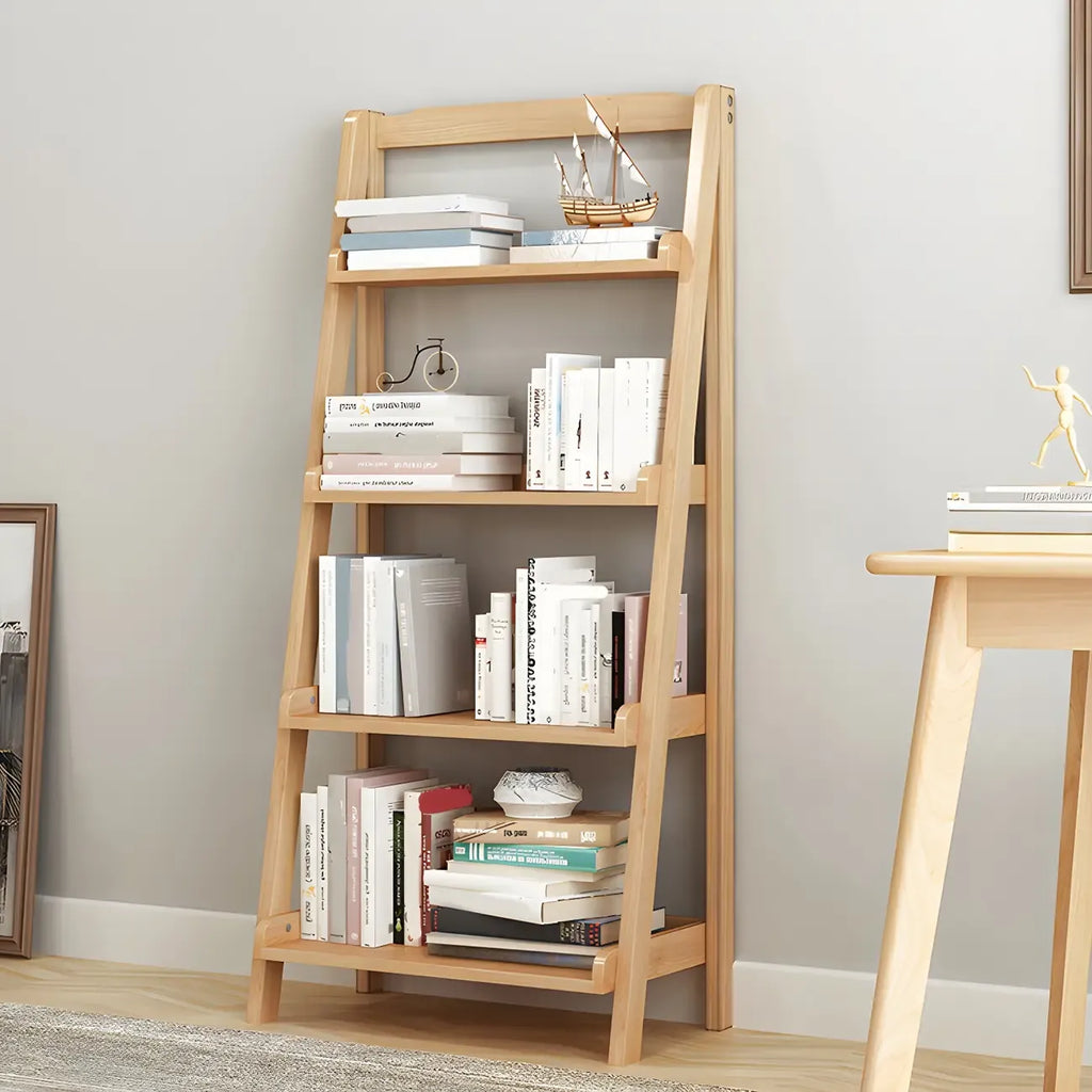 Bibliothèque minimaliste en bois avec échelle et rangement, couleur noyer