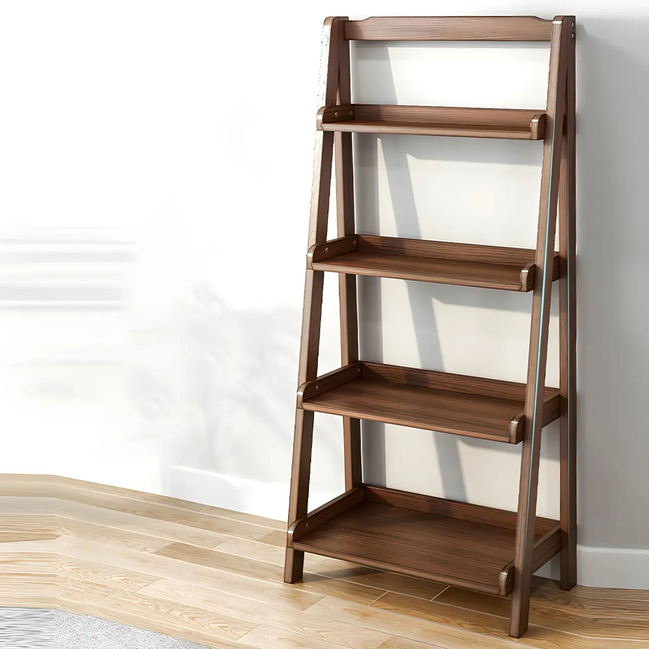 Bibliothèque minimaliste en bois avec échelle et rangement, couleur noyer