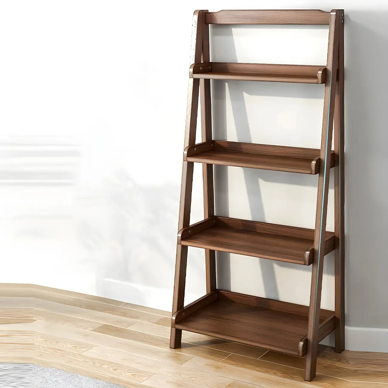 Bibliothèque minimaliste en bois avec échelle et rangement, couleur noyer