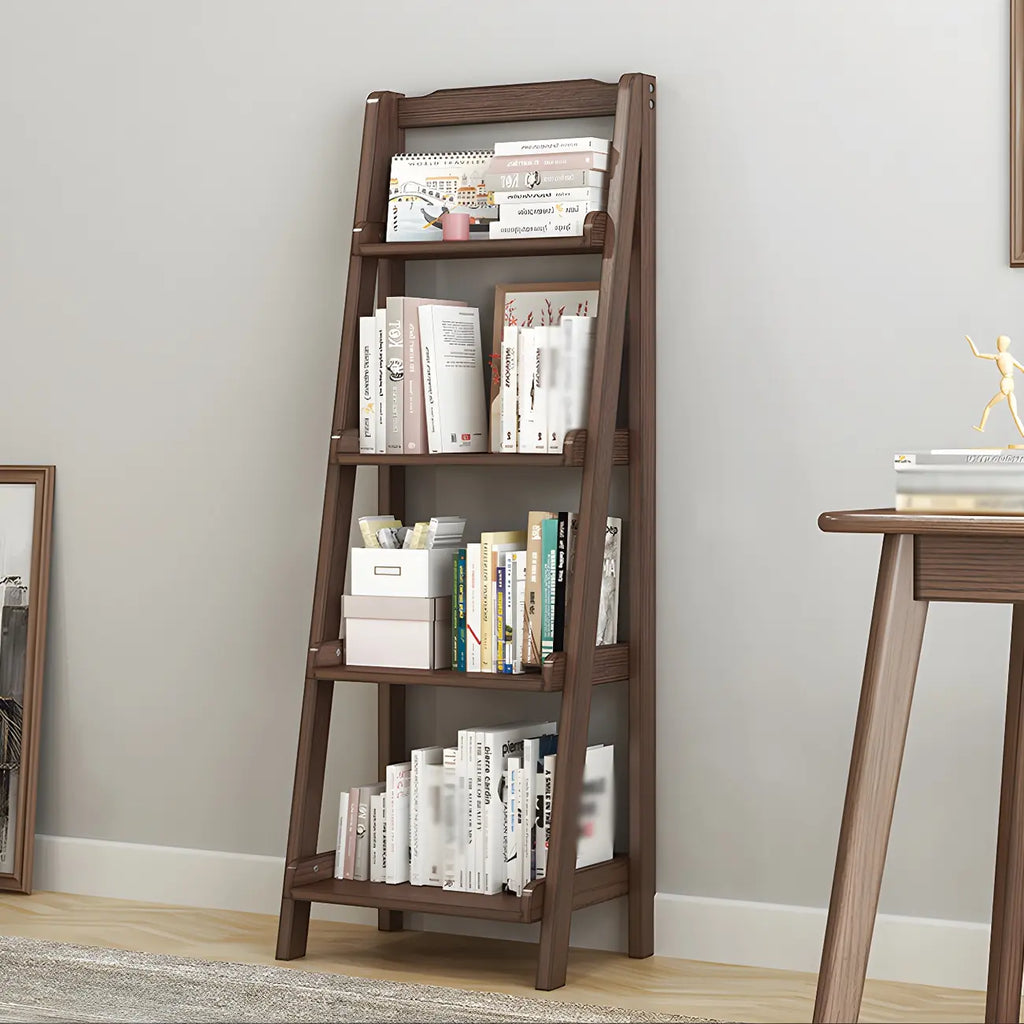 Bibliothèque minimaliste en bois avec échelle et rangement, couleur noyer