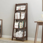 Bibliothèque minimaliste en bois avec échelle et rangement, couleur noyer