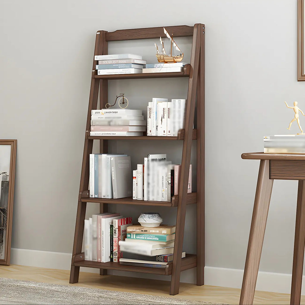 Bibliothèque minimaliste en bois avec échelle et rangement, couleur noyer