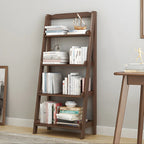 Bibliothèque minimaliste en bois avec échelle et rangement, couleur noyer