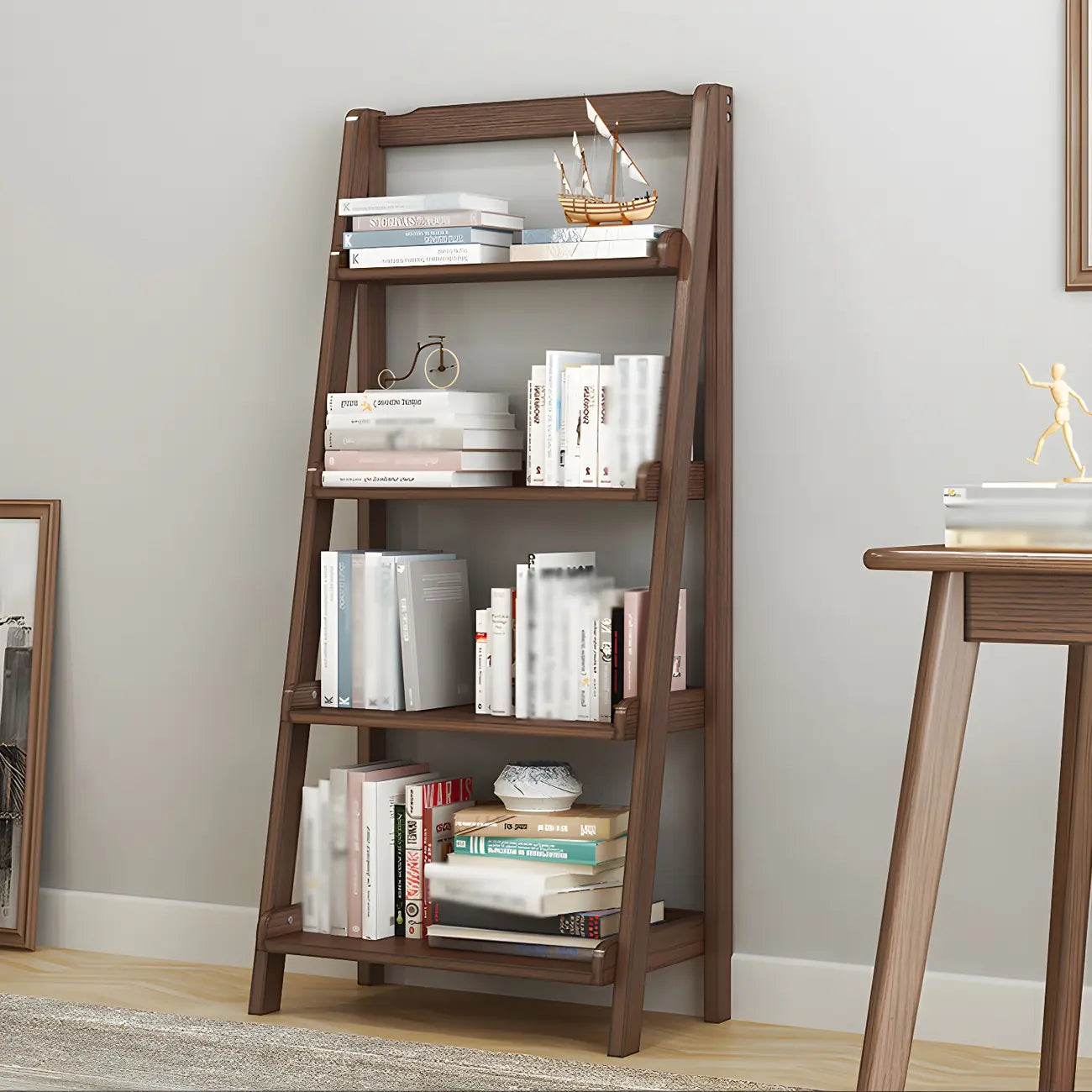 Bibliothèque minimaliste en bois avec échelle et rangement, couleur noyer