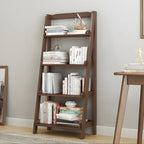 Bibliothèque minimaliste en bois avec échelle et rangement, couleur noyer
