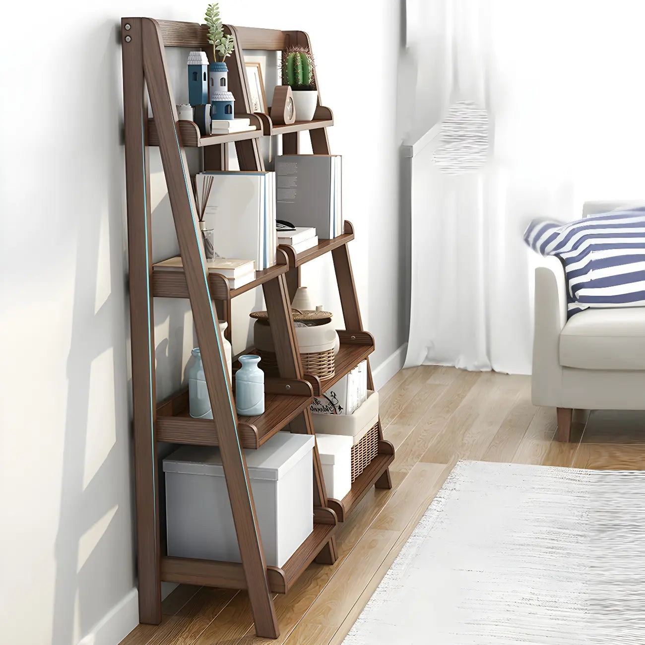 Bibliothèque minimaliste en bois avec échelle et rangement, couleur noyer