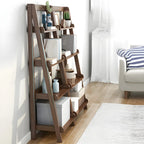 Bibliothèque minimaliste en bois avec échelle et rangement, couleur noyer