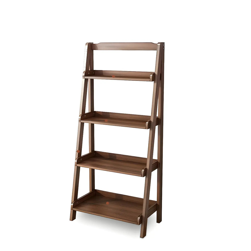 Bibliothèque minimaliste en bois avec échelle et rangement, couleur noyer