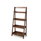 Bibliothèque minimaliste en bois avec échelle et rangement, couleur noyer