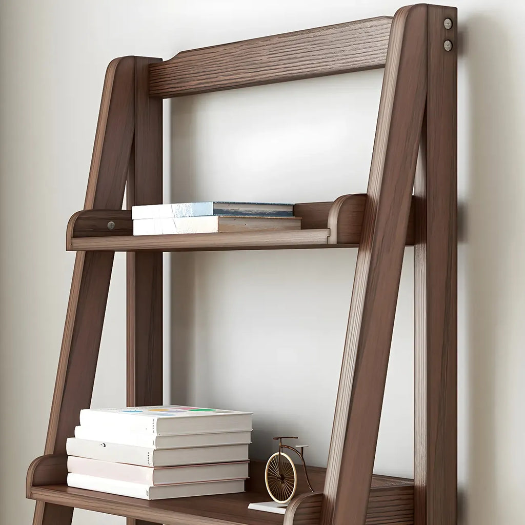 Bibliothèque minimaliste en bois avec échelle et rangement, couleur noyer