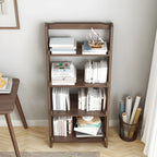 Bibliothèque minimaliste en bois avec échelle et rangement, couleur noyer