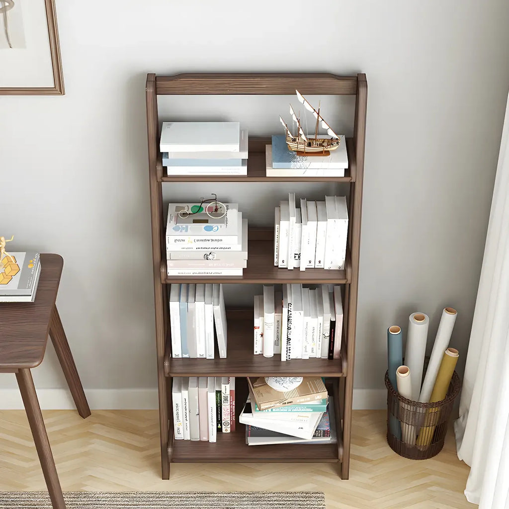 Bibliothèque minimaliste en bois avec échelle et rangement, couleur noyer