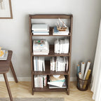 Bibliothèque minimaliste en bois avec échelle et rangement, couleur noyer