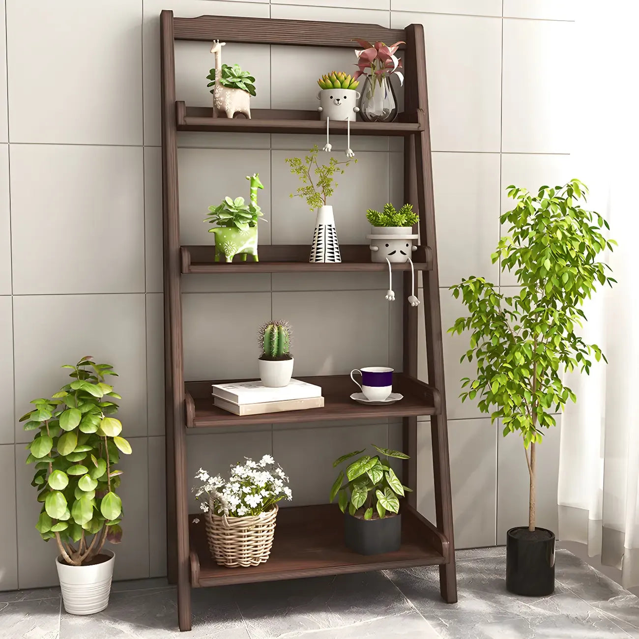 Bibliothèque minimaliste en bois avec échelle et rangement, couleur noyer