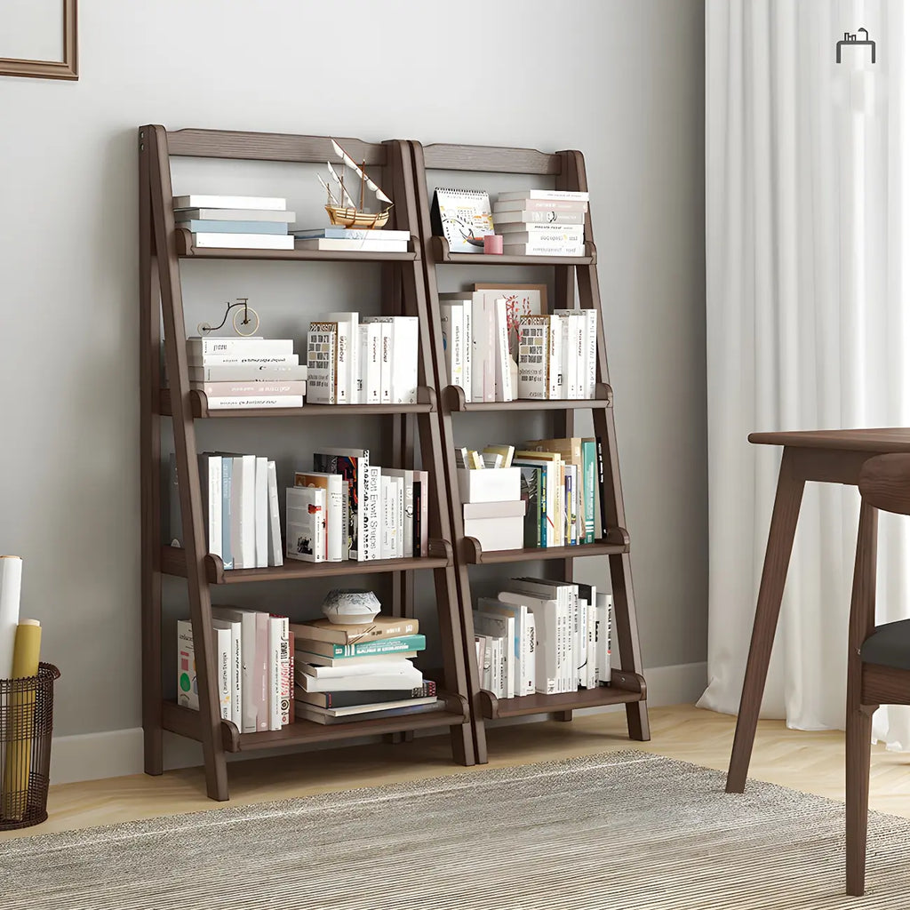 Bibliothèque minimaliste en bois avec échelle et rangement, couleur noyer
