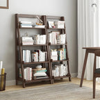 Bibliothèque minimaliste en bois avec échelle et rangement, couleur noyer