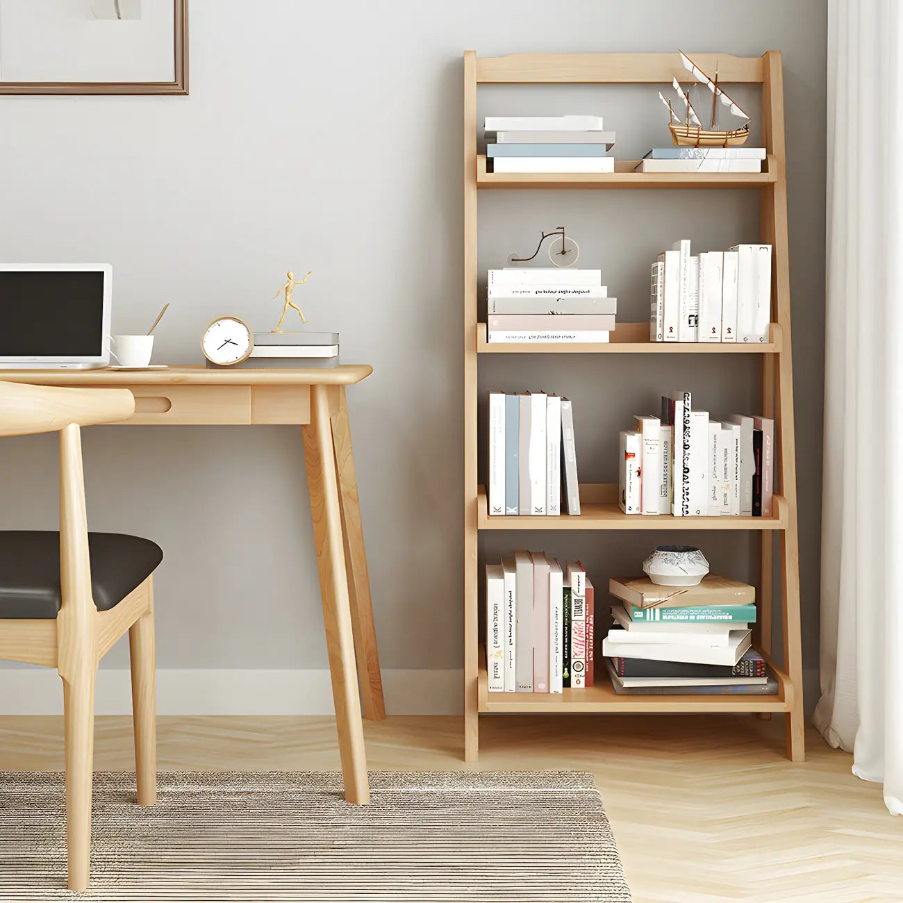 Bibliothèque minimaliste en bois avec échelle et rangement, couleur noyer