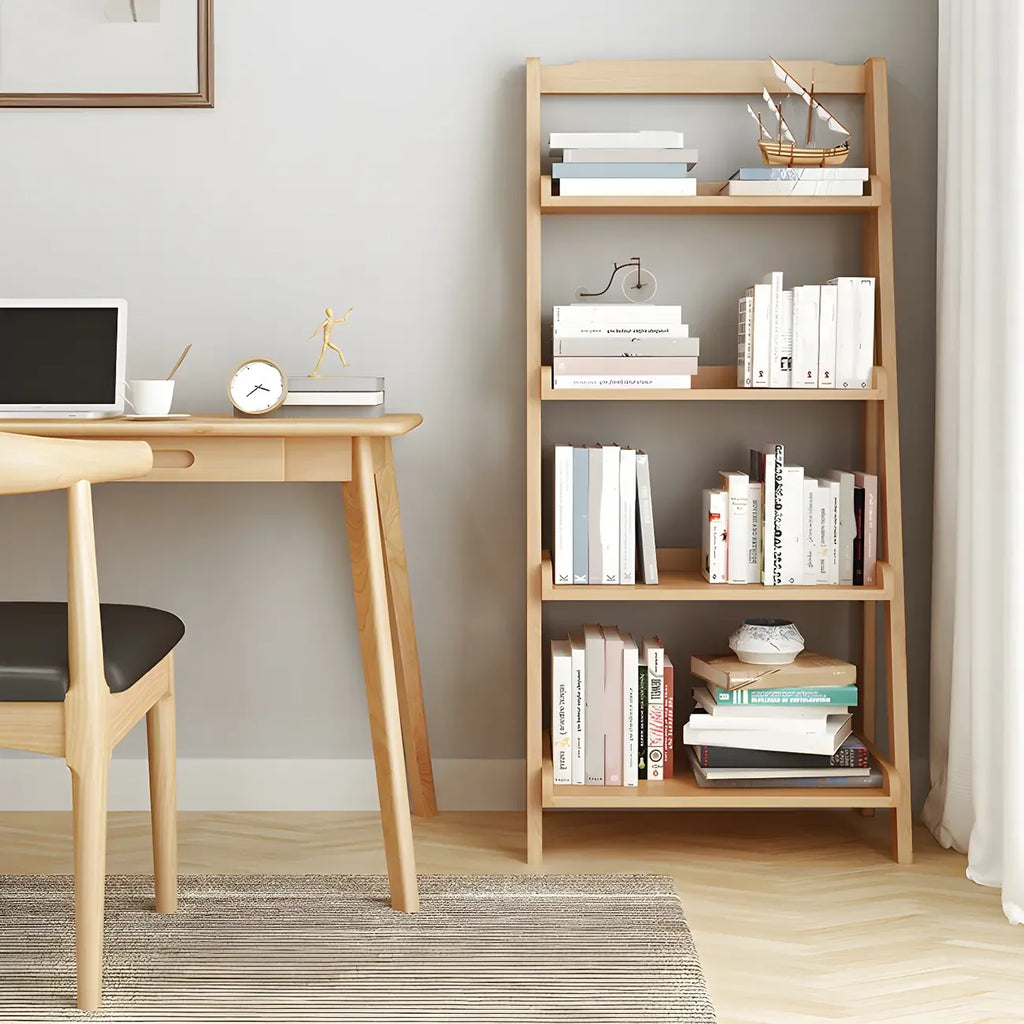 Bibliothèque minimaliste en bois avec échelle et rangement, couleur noyer