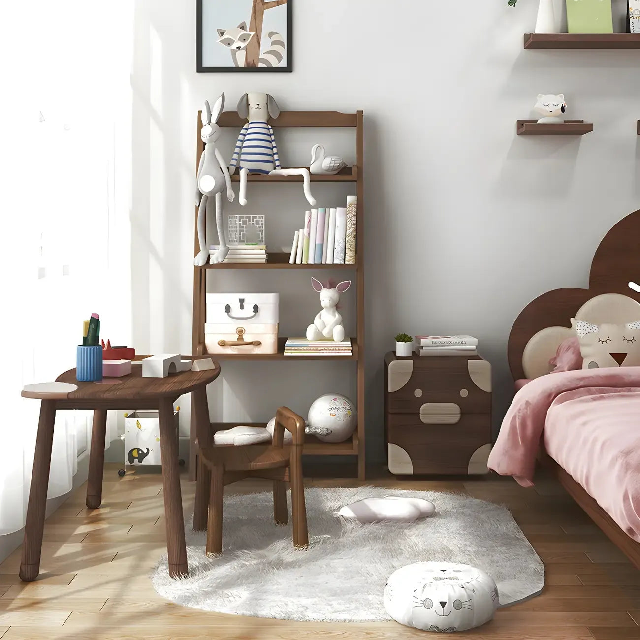 Bibliothèque minimaliste en bois avec échelle et rangement, couleur noyer