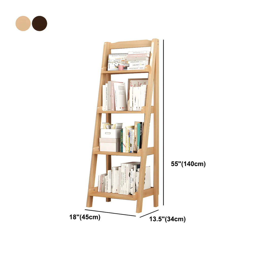 Bibliothèque minimaliste en bois avec échelle et rangement, couleur noyer