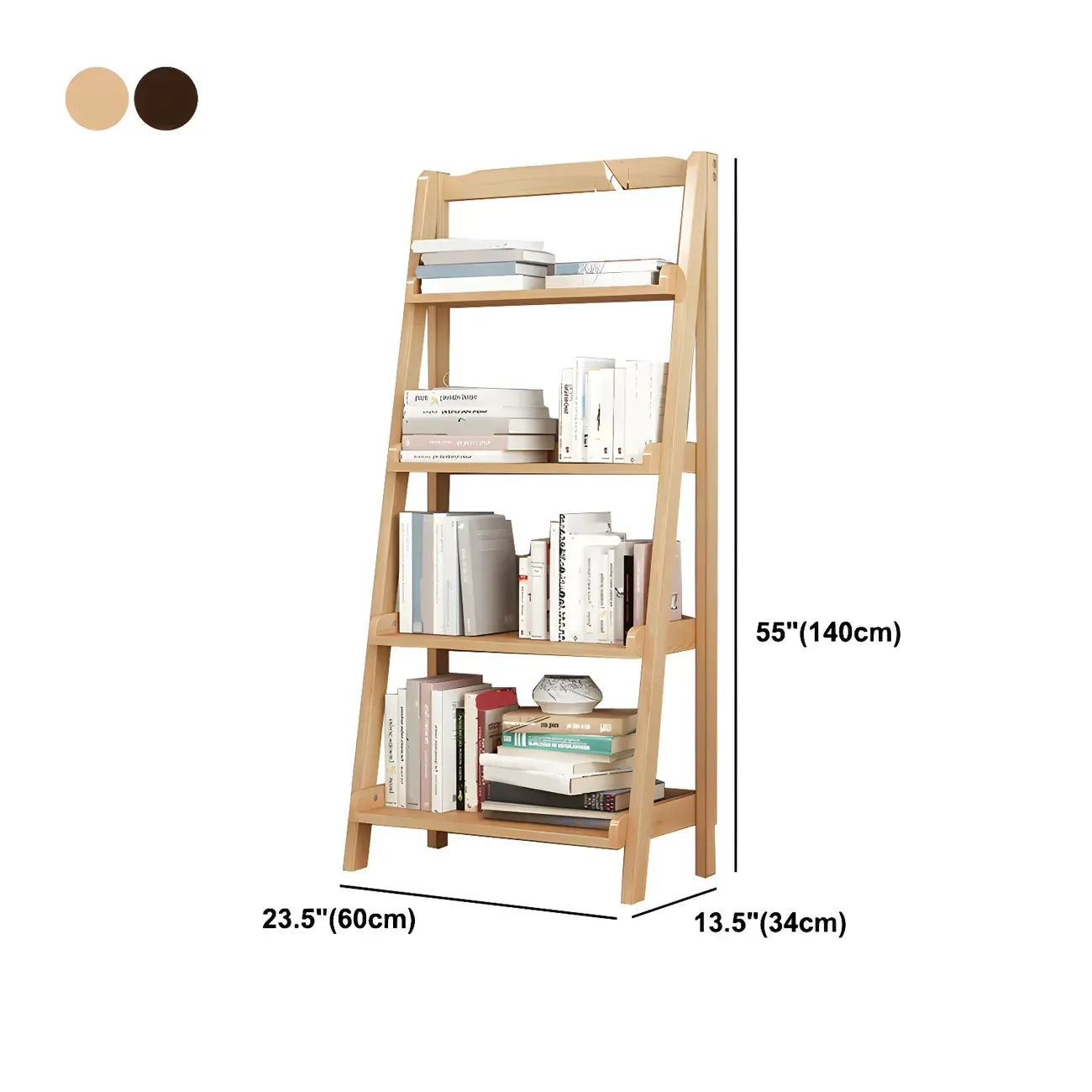 Bibliothèque minimaliste en bois avec échelle et rangement, couleur noyer