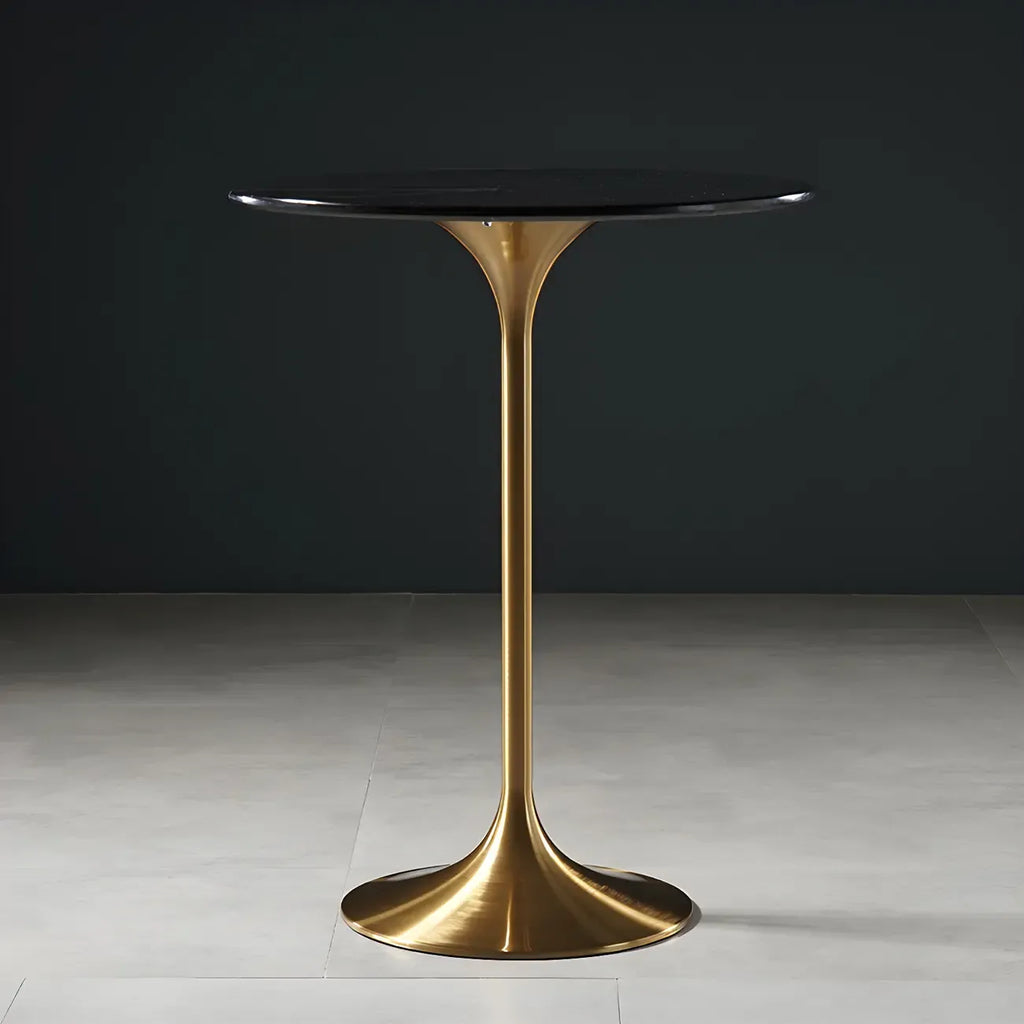 Table de bar ronde et haute de style bistro, avec pied central.