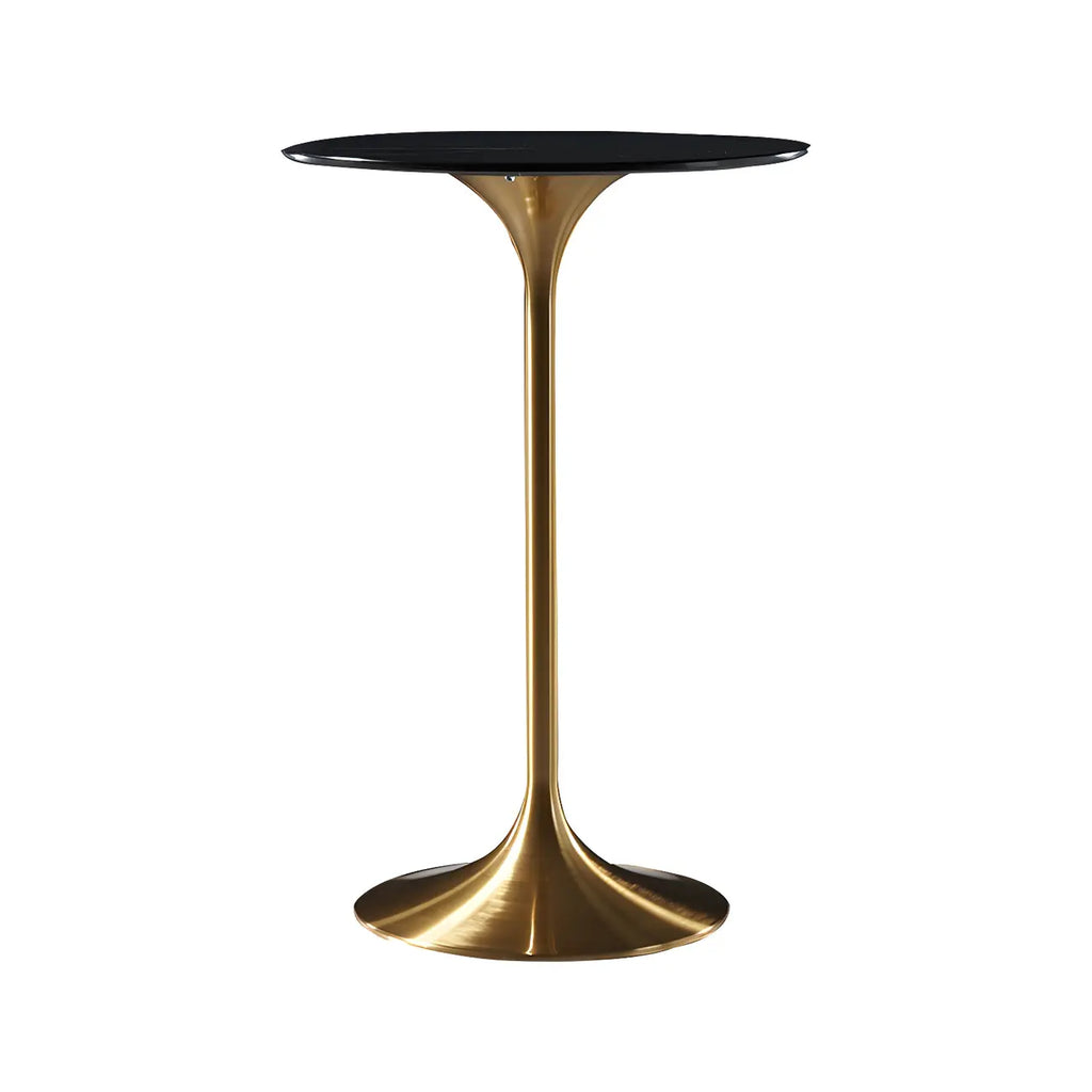 Table de bar ronde et haute de style bistro, avec pied central.