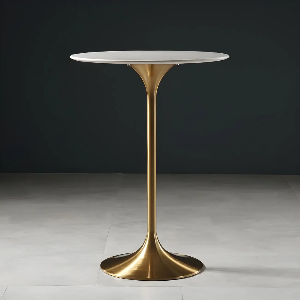Table de bar ronde et haute de style bistro, avec pied central.
