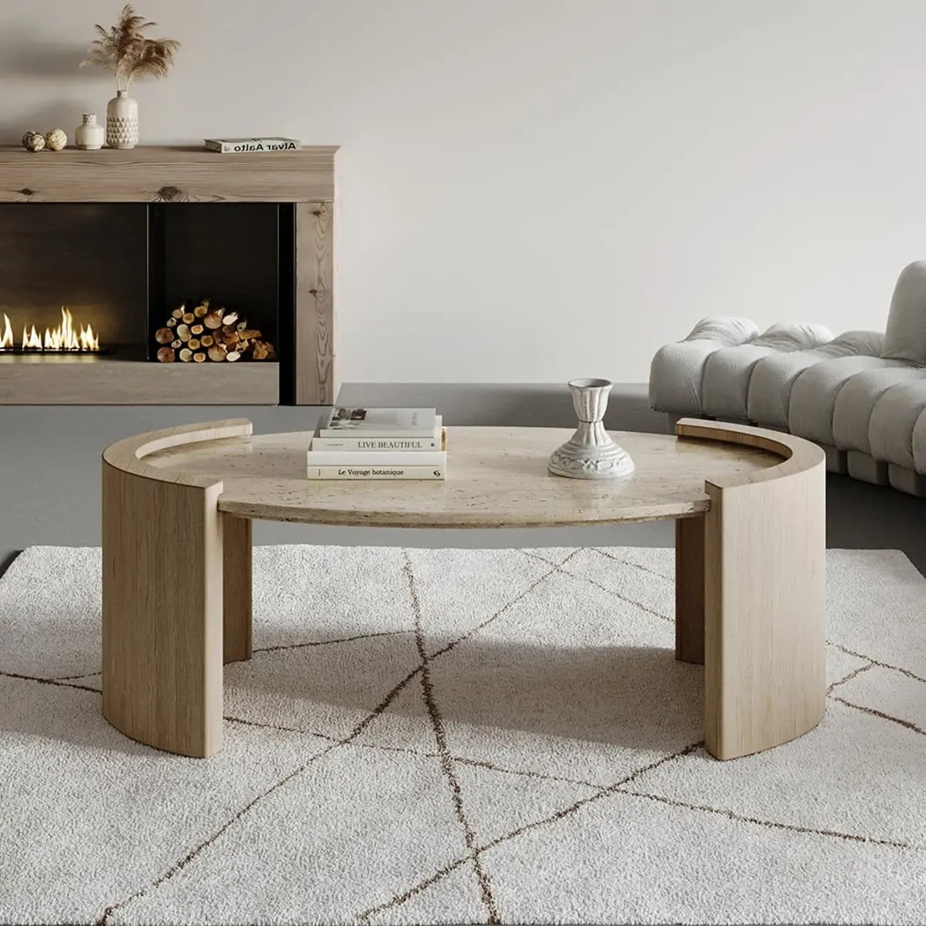 Table basse ovale en travertin Japandi à double piédestal
