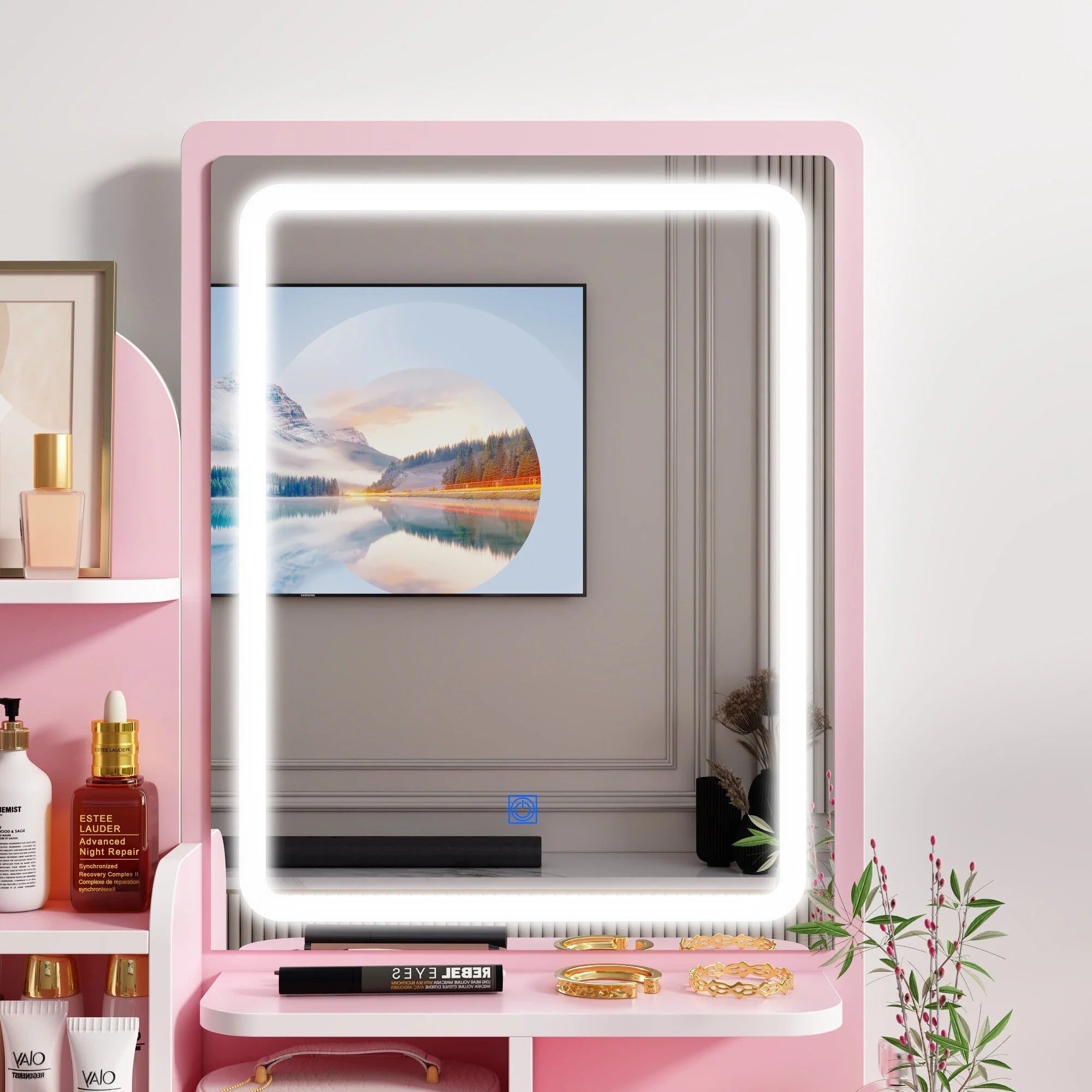 Ensemble coiffeuse avec lumière LED, miroir et tabouret