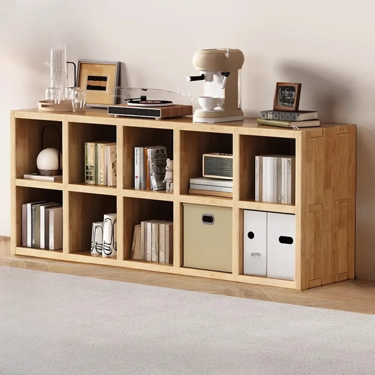 Bibliothèque horizontale moderne en bois à 8 cubes, finition naturelle