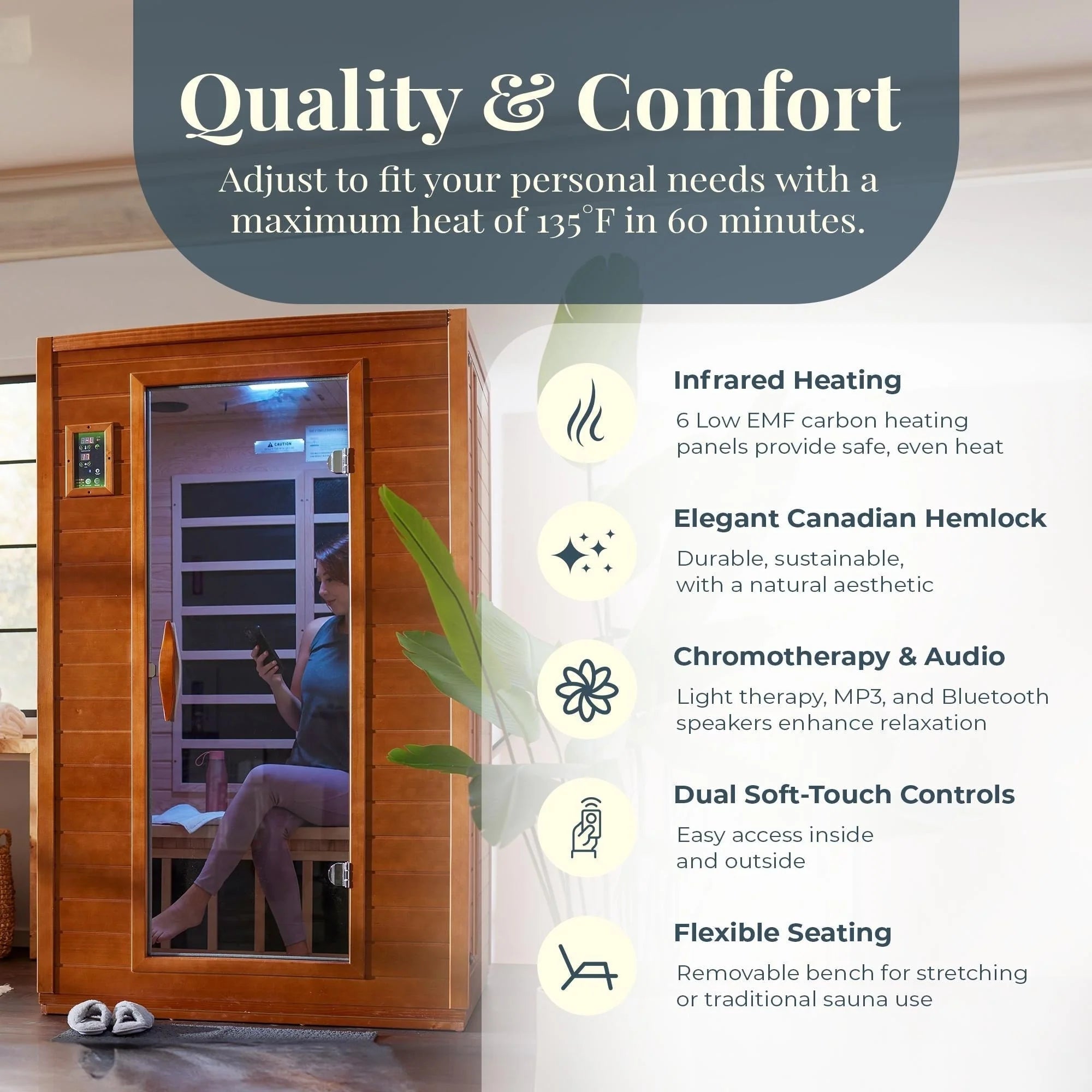 Sauna infrarouge lointain à faible champ électromagnétique Dynamic Saunas Andora pour 2 personnes, en bois de pruche du Canada