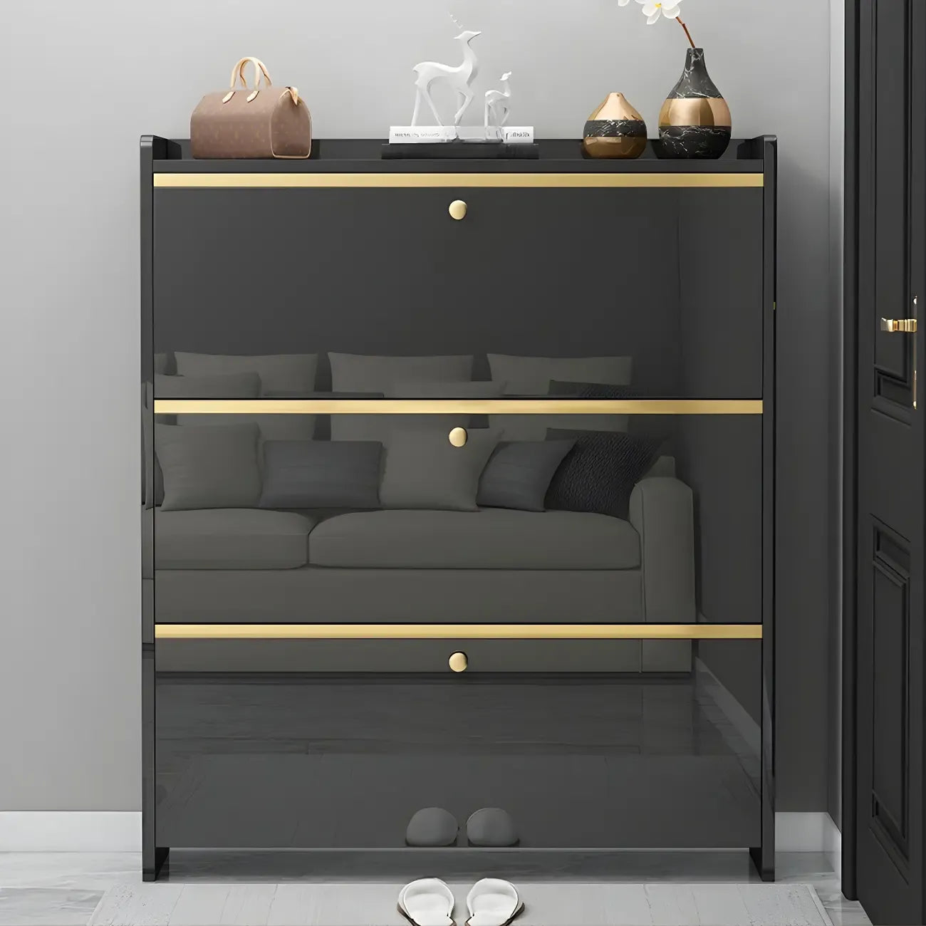 Meuble de rangement à chaussures noir glamour pour entrée avec étagères réglables