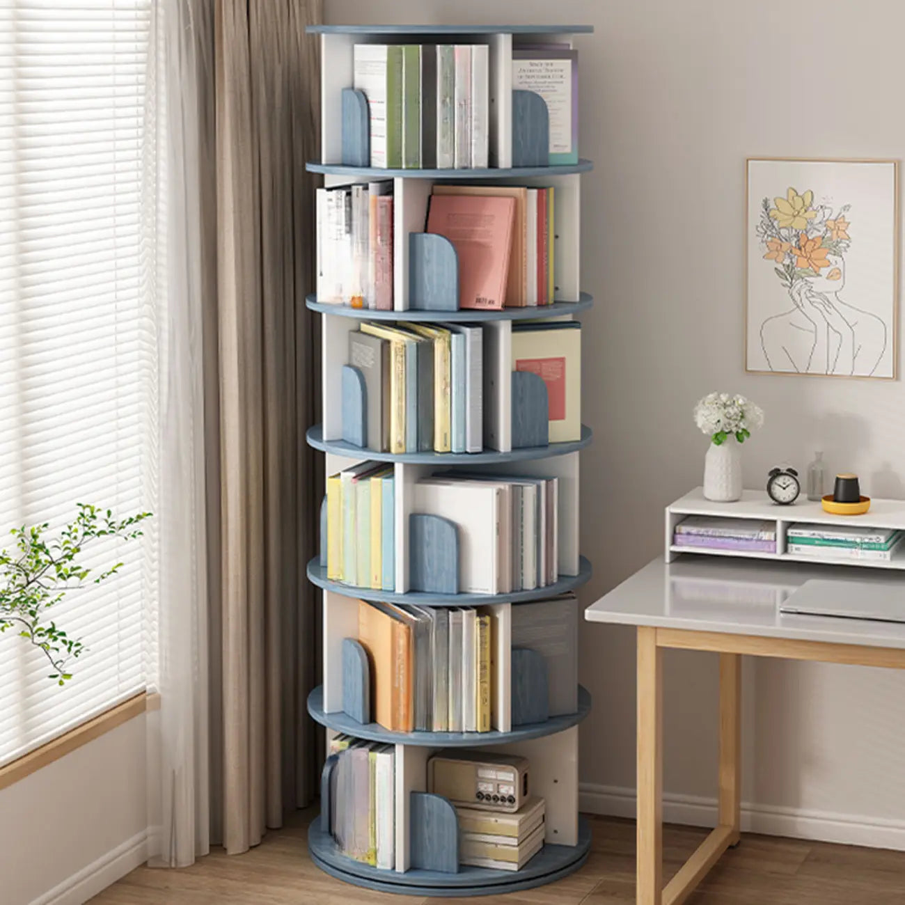 Bibliothèque cylindrique en bois marron à dos ouvert et pivotante