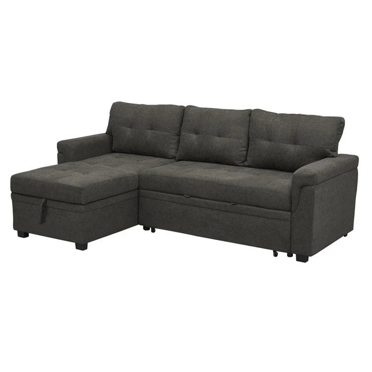 Canapé d'angle convertible et réversible avec lit gigogne, méridienne de rangement dissimulée et pieds robustes.